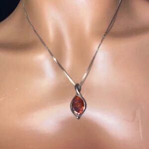Sterling Silver faux Amber Teardrop Pendant Necklace - Amber